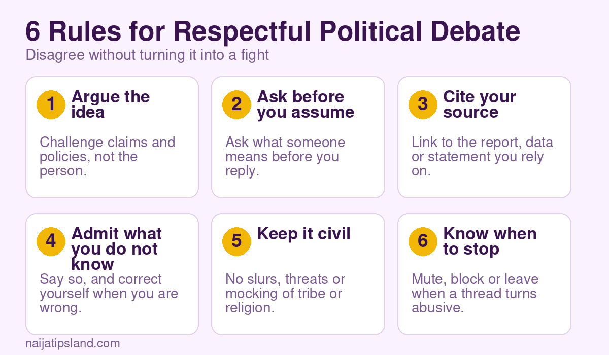 Six rules for respectful political debate online: argue the idea, ask before assuming, cite sources, admit what you do not know, keep it civil and know when to stop