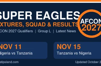 Banner graphic for a Super Eagles guide showing the AFCON 2027 qualifiers against Tanzania on 11 and 15 November 2026