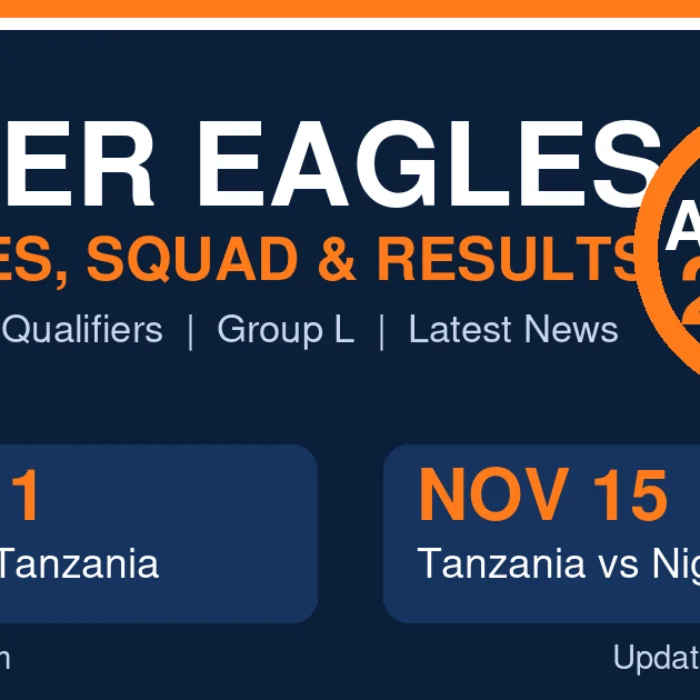 Banner graphic for a Super Eagles guide showing the AFCON 2027 qualifiers against Tanzania on 11 and 15 November 2026