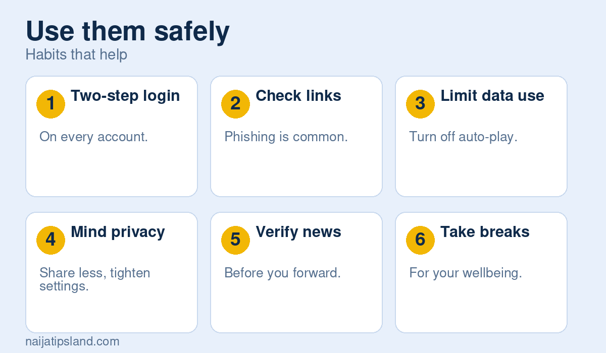 Top Social Networking Apps for Nigerians in 2026: What Each Is Best For 3 Use them safely: Two-step login, Check links, Limit data use, Mind privacy, Verify news, Take breaks