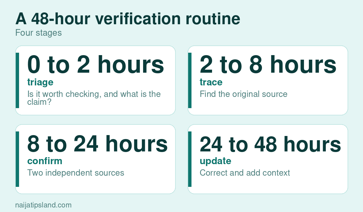 A 48-hour verification routine key figures: 0 to 2 hours triage; 2 to 8 hours trace; 8 to 24 hours confirm; 24 to 48 hours update