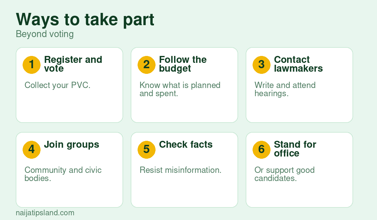 Democracy in Nigeria: How It Works, What Citizens Think and What Needs Fixing (2026) 4 Ways to take part: Register and vote, Follow the budget, Contact lawmakers, Join groups, Check facts, Stand for office