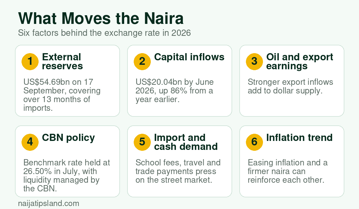 Six factors that move the naira exchange rate: external reserves, capital inflows, oil earnings, CBN policy, import and cash demand and inflation